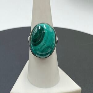 Signed Sterling silver Malachite Heart  Chakra Love Cabochon Bypass Ring‎ 8-8.5